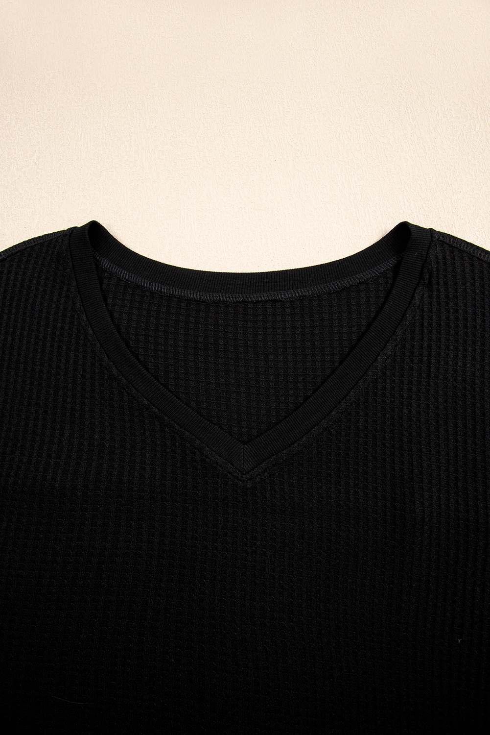 Stylish Black Waffle Knit Tee with Drop Shoulders for Beach and Daily Wear - Detail View 10