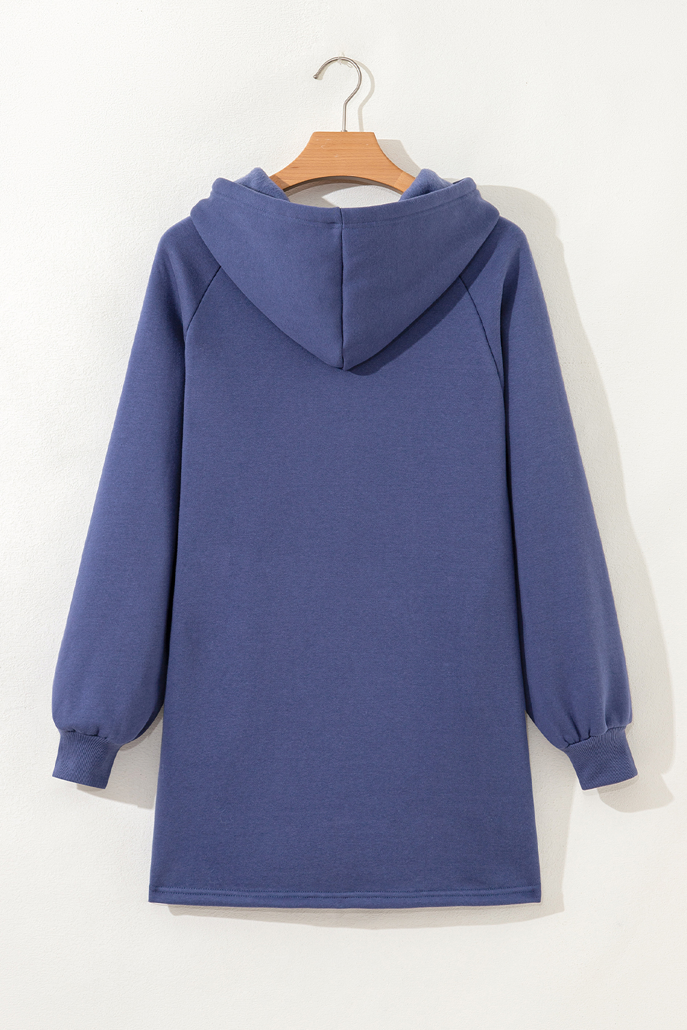 Women's Dirty Blue Fleece Lined Oversized Tunic Hoodie with Adjustable Drawstring - Detail View 5