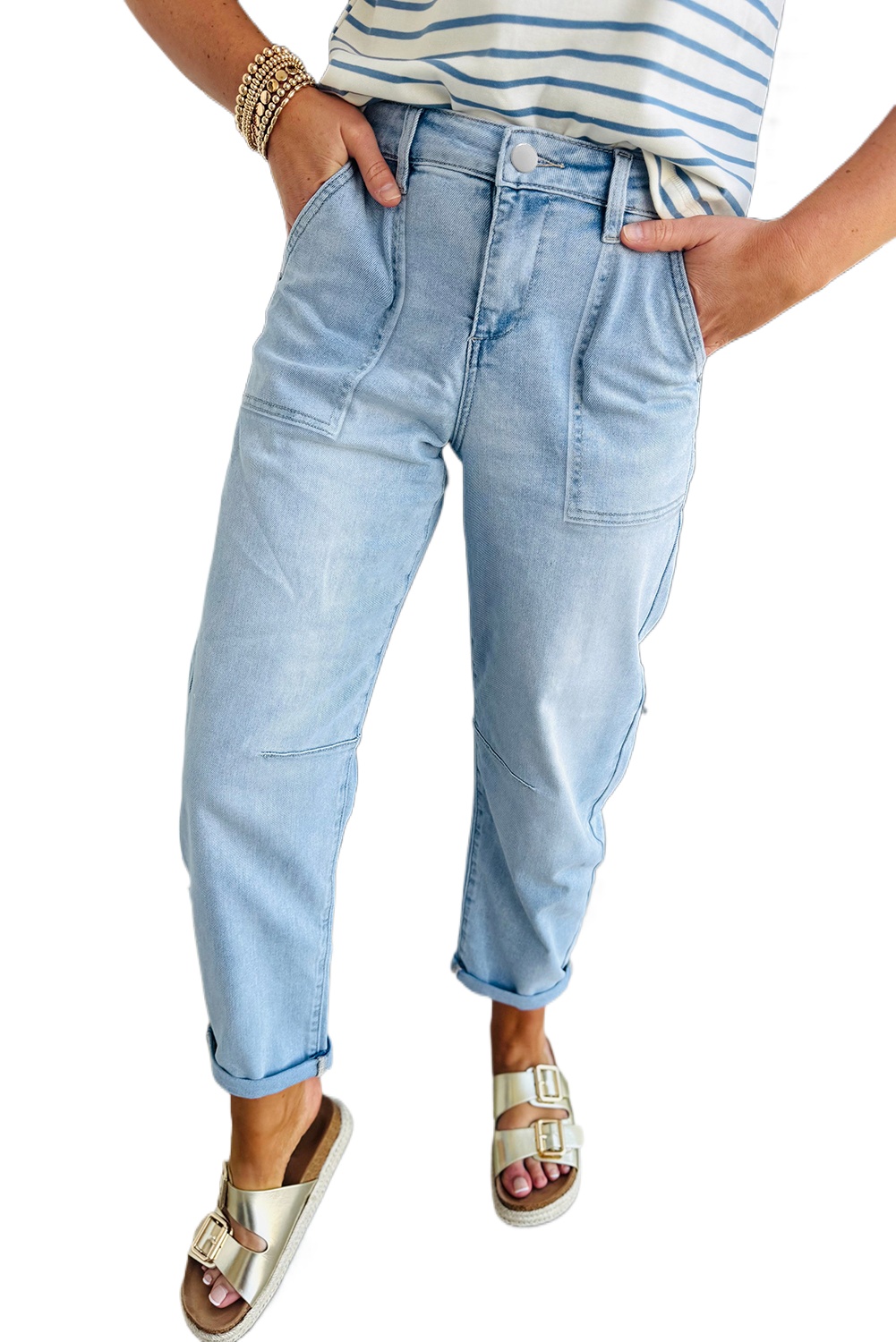 Women's Beau Blue High Rise Barrel Relaxed Jeans with Patch Pockets - Main View