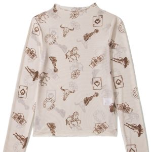 Women's Western Print Mesh Long Sleeve Top – Slim Fit Mock Neck Shirt, Oatmeal Casual Style - Main View