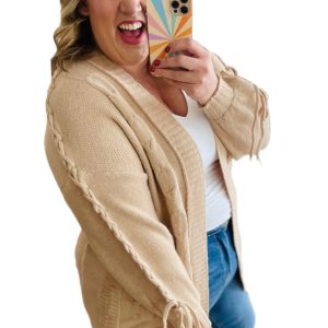 Plus Size Parchment Cable Knit Open Cardigan with Braided Tie Sleeves - Main View
