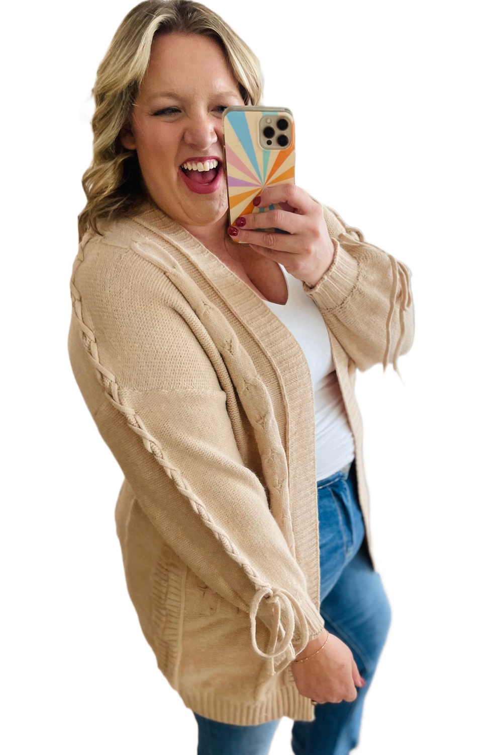 Plus Size Parchment Cable Knit Open Cardigan with Braided Tie Sleeves - Main View