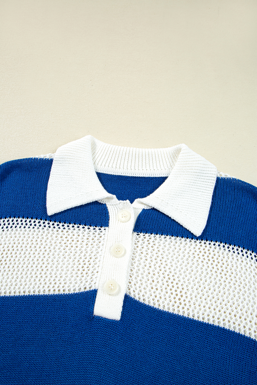 Women’s Sweater, Blue Stripe, Colorblock, Polo Collar, Eyelet Crochet, Knitted Sweater, Long Sleeve, Casual Style, Fall Fashion, Comfortable Knitwear, Semi-Transparent Design, Drop Shoulder, Daily Wear, Unique Details, Textured Fabric - Detail View 8