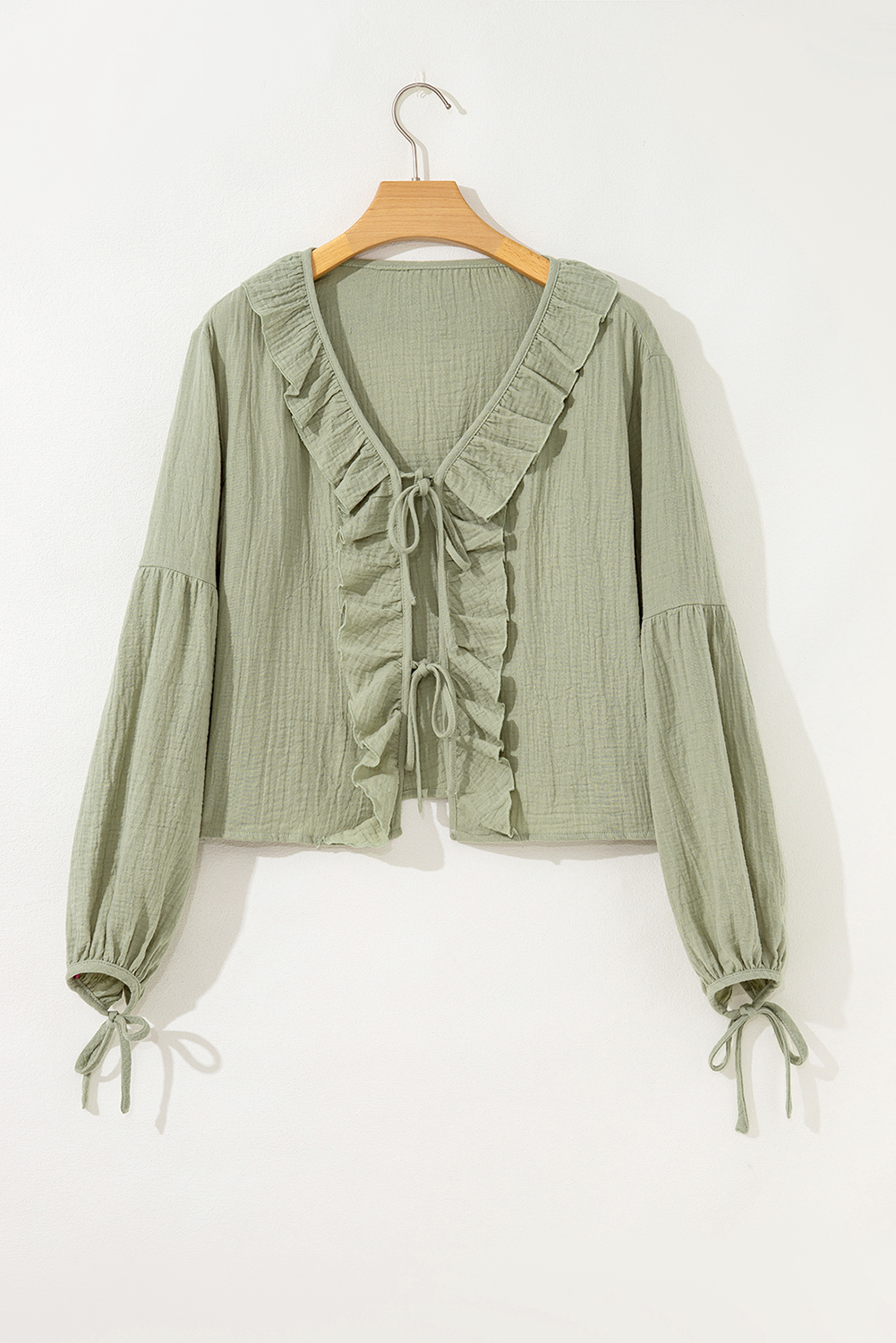 Women's Meadow Mist Green Bow Tie Front Ruffle Trim V Neck Long Sleeve Blouse - Detail View 13