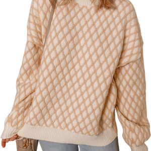 Cozy Smoke Gray Rhombus Textured Knit Mock Neck Sweater for Women - Casual Winter Essential - Main View