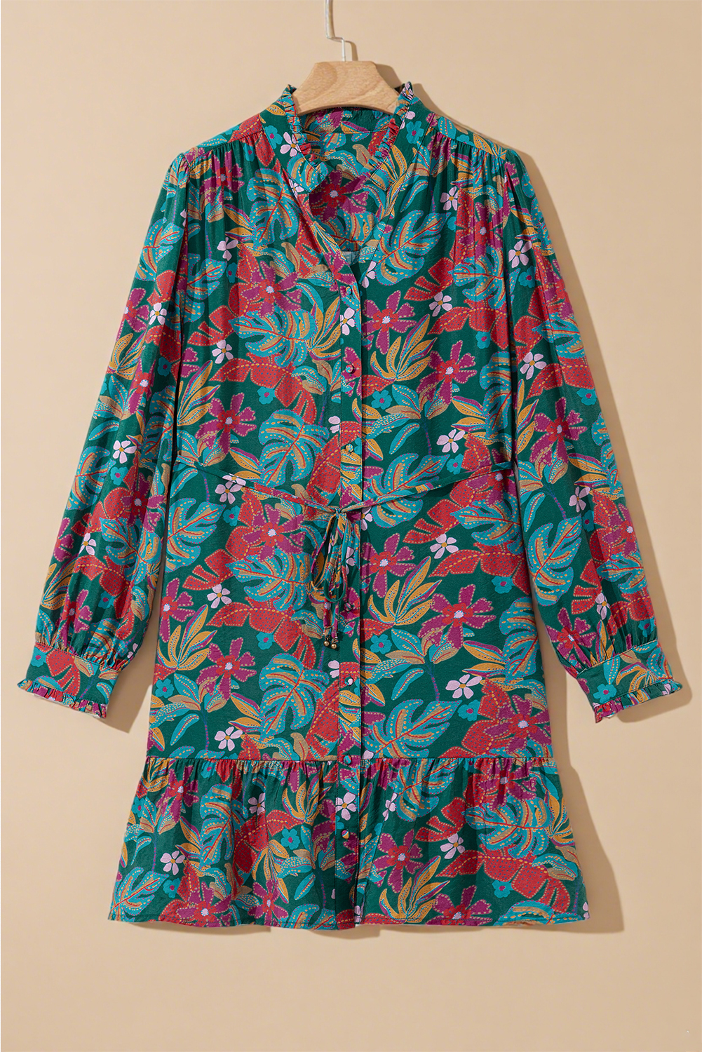 Women's Green Floral Frilled V Neck Puff Sleeve Ruffled Shirt Dress - Elegant Mini Dress - Detail View 9