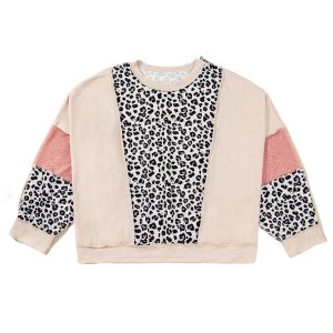 Women's Gray Leopard Color Block Pullover – Plus Size Baggy Long Sleeve for Daily Casual Wear