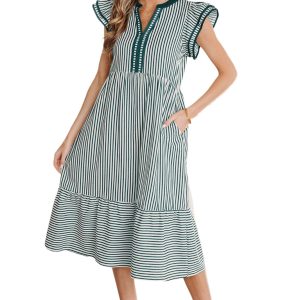 Women's Green Stripe V Neck Midi Dress – Casual Summer Style with Ruffled Sleeves