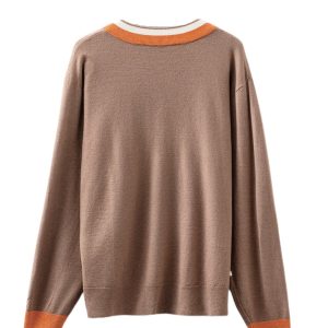 Women's Dark Khaki V-Neck Varsity Sweater for Daily Casual Wear