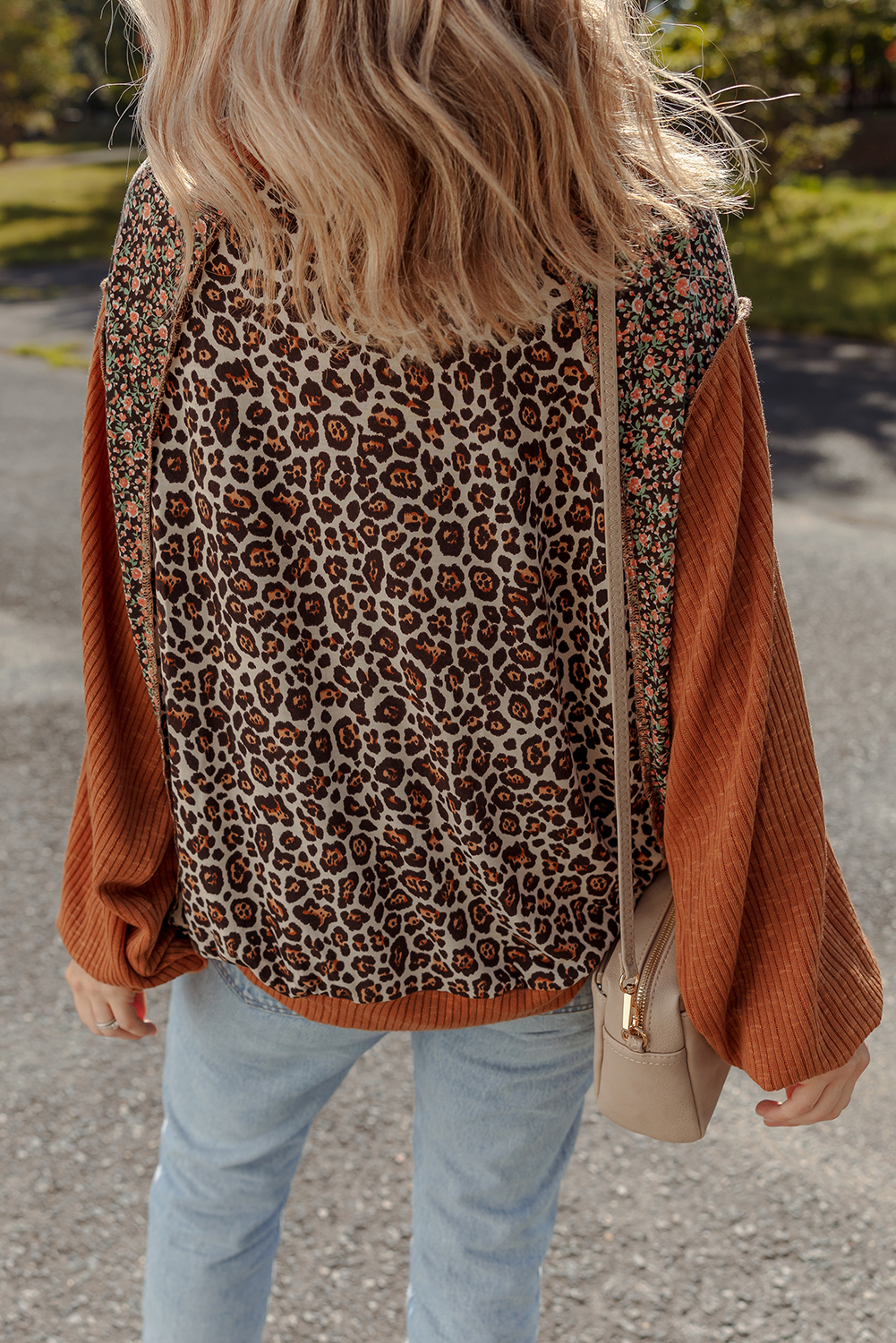 Stylish Long Sleeve Brown Pullover with Leopard and Floral Print - Perfect for Fall - Detail View 10