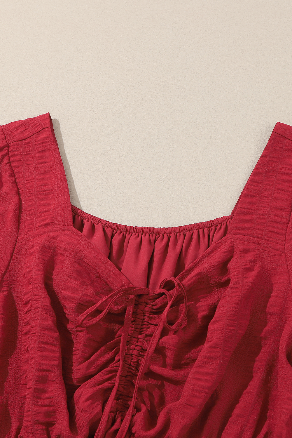 Fiery Red Plus Size Midi Dress with Lace-up Ruched Front and Ruffle Hem - Detail View 13
