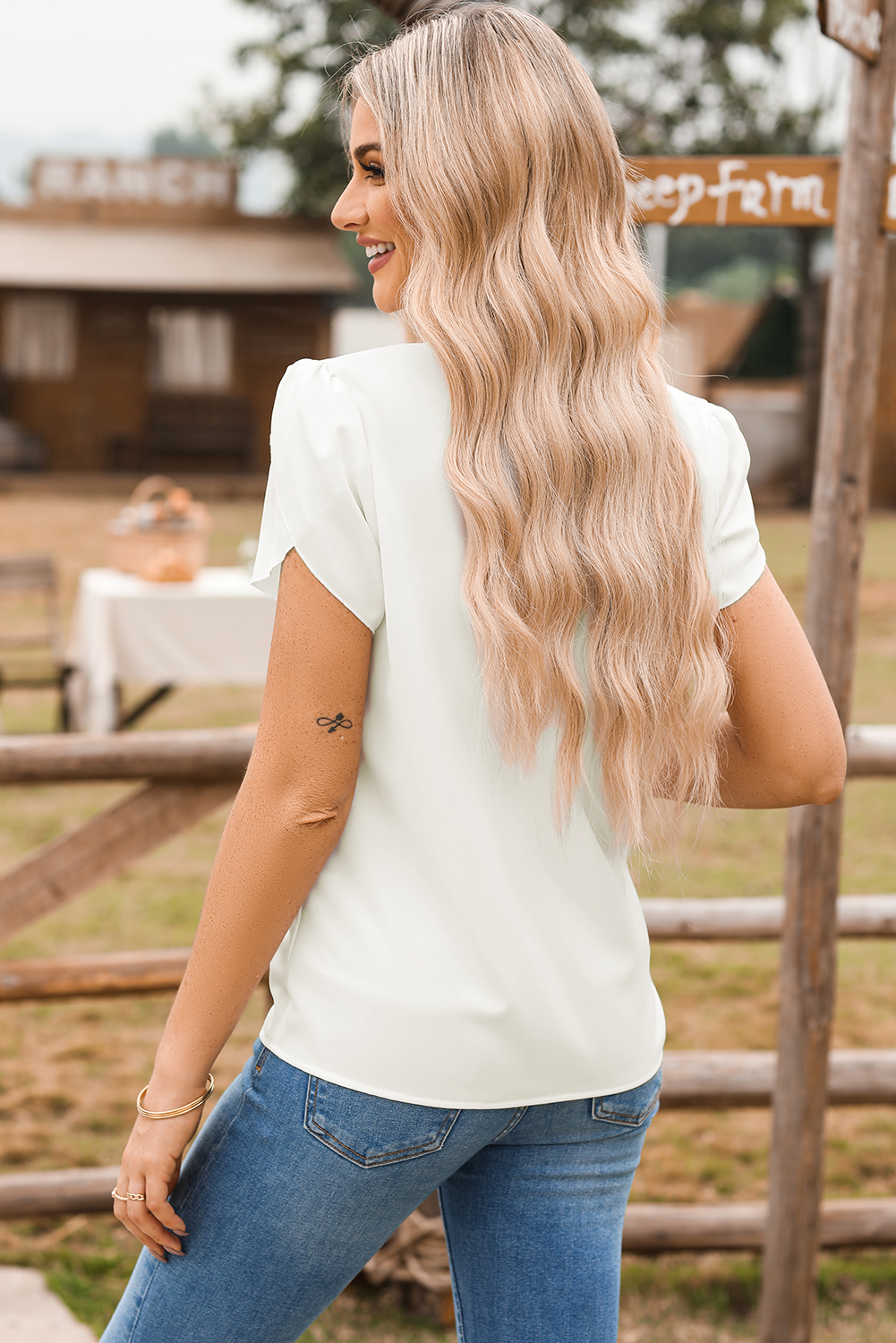 Casual Modern Solid White Blouse with Petal Sleeves - V Neck Design - Detail View 6