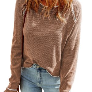 Women's Smoke Gray Waffle Knit Long Sleeve Round Neck Top for Daily Casual Wear