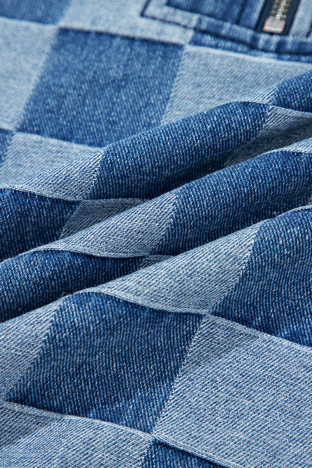 Sky Blue Hoodie, Checkerboard Print, Zipped Neck, Kangaroo Pocket, Denim Fabric, Casual Style, Long Sleeve, Fall Fashion, Daily Wear, Plaid Pattern, Comfortable, Shift Silhouette - Detail View 12