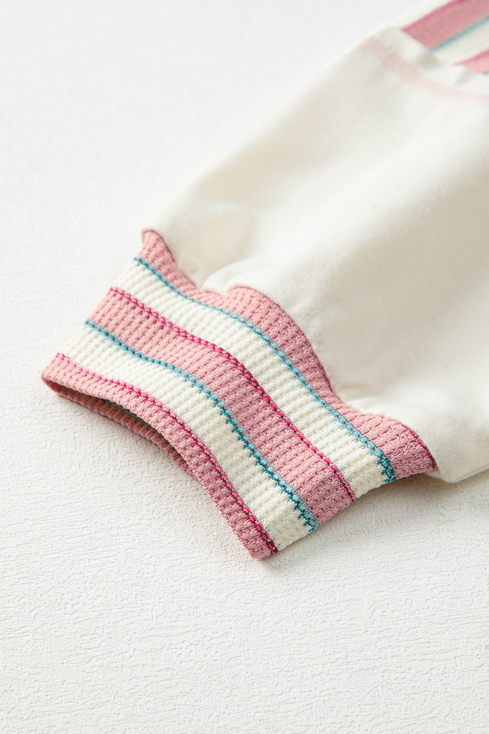 Casual V Neck Long Sleeve Top - Pink Striped Patchwork Design - Detail View 14