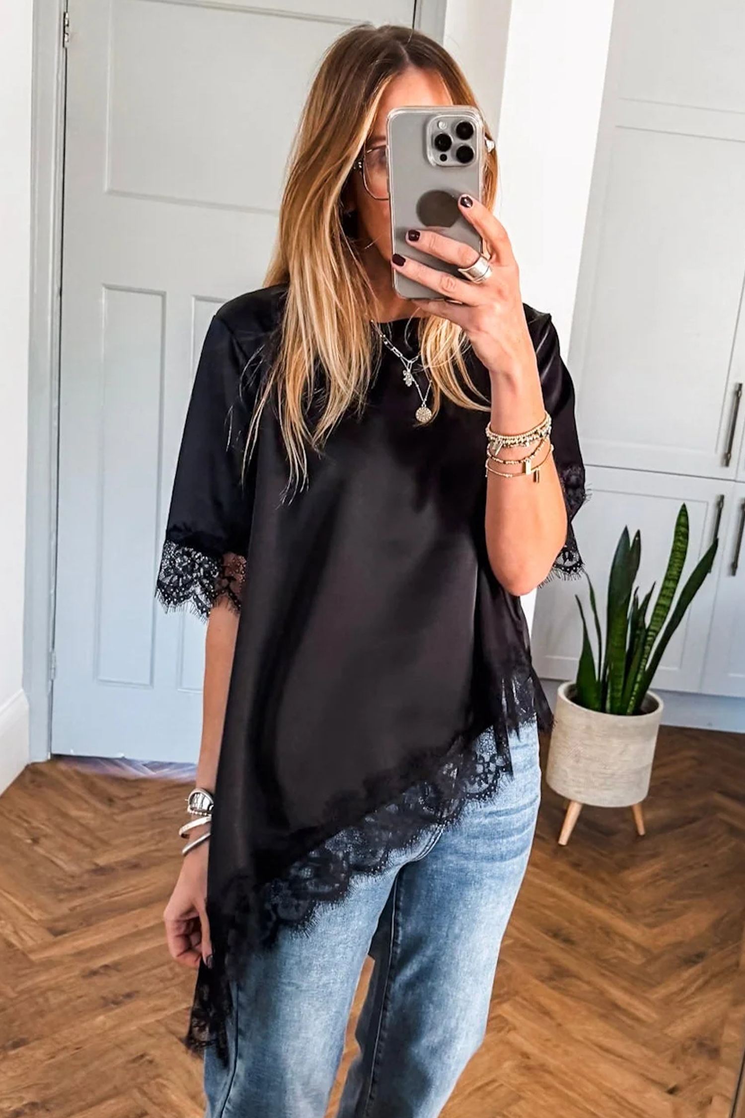 Elegant Black Satin Short Sleeve Top with Lace Details – Ideal for Casual Summer Outings - Detail View 6