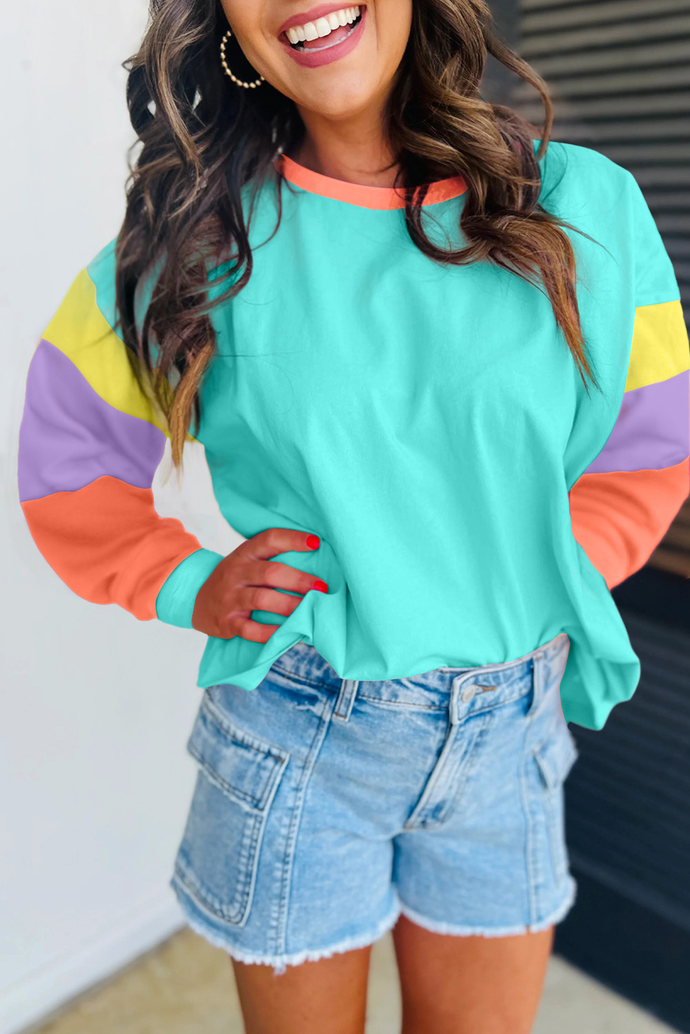 Trendy Light Blue Color Block Long Sleeve Top with Patchwork Design - Detail View 2