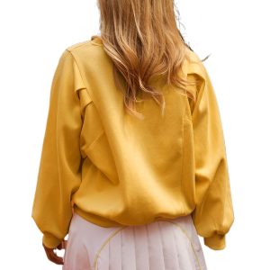 Women's Citrus Yellow Pleated Balloon Sleeve Pullover Solid Sweatshirt - Main View