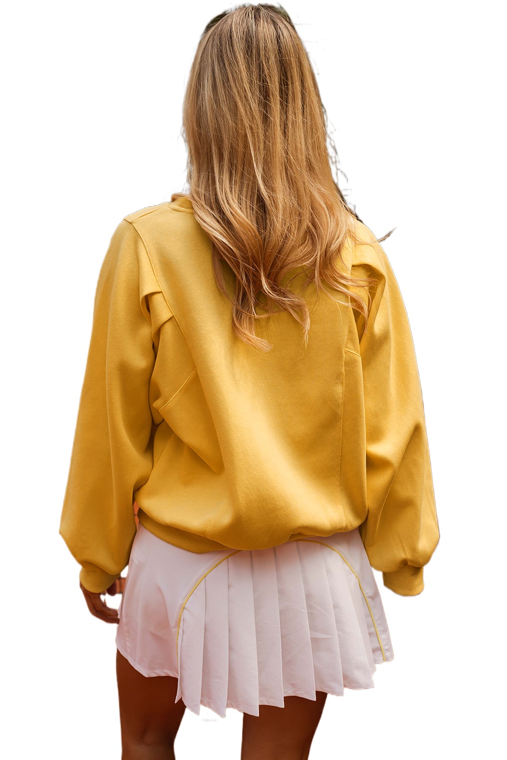 Women's Citrus Yellow Pleated Balloon Sleeve Pullover Solid Sweatshirt - Main View