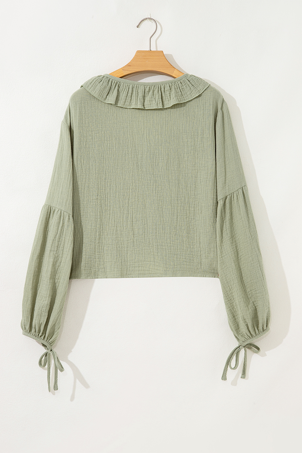 Casual Meadow Mist Green Blouse with Bow Tie and Ruffle Details - Perfect for Daily Wear - Detail View 14
