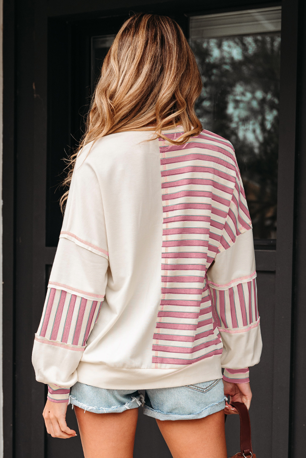 Casual V Neck Long Sleeve Top - Pink Striped Patchwork Design - Detail View 2