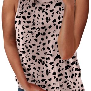 Women's Apricot Leopard Print Round Neck Sleeveless Tank Top for Casual Summer Wear - Main View