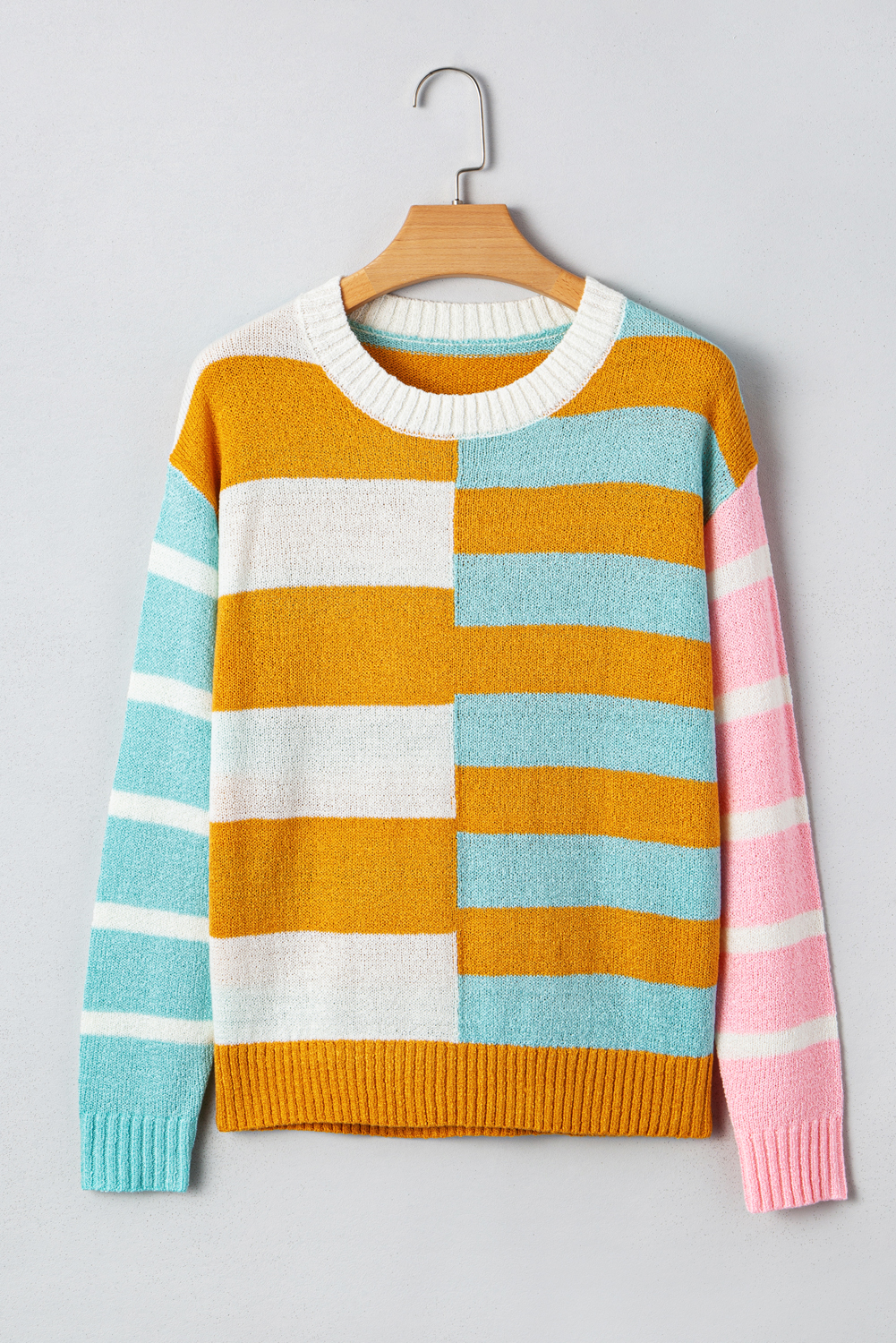 Women's Jurassic Gold Color Block Striped Pullover Sweater - Casual Long Sleeve Knit Top - Detail View 5
