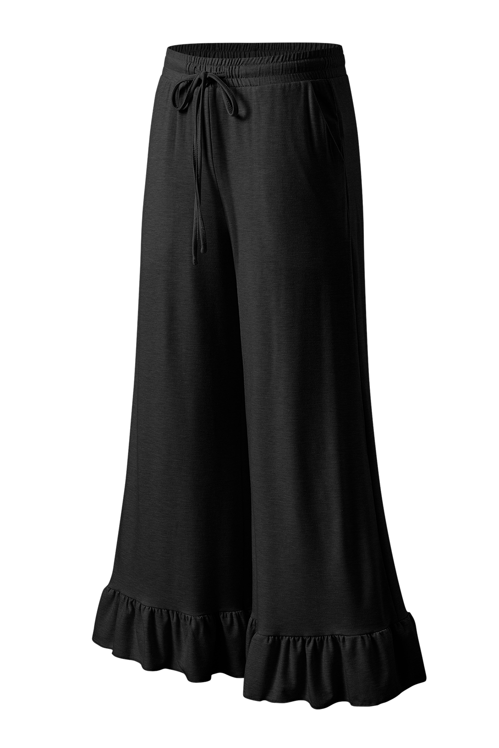 Women's Pants, Black Wide Leg, High Waist, Ruffled Design, Casual Style, Pull-On Trousers, Pockets, Solid Color, Comfortable Fit, Daily Wear, Fall Fashion, Versatile Bottoms - Detail View 20