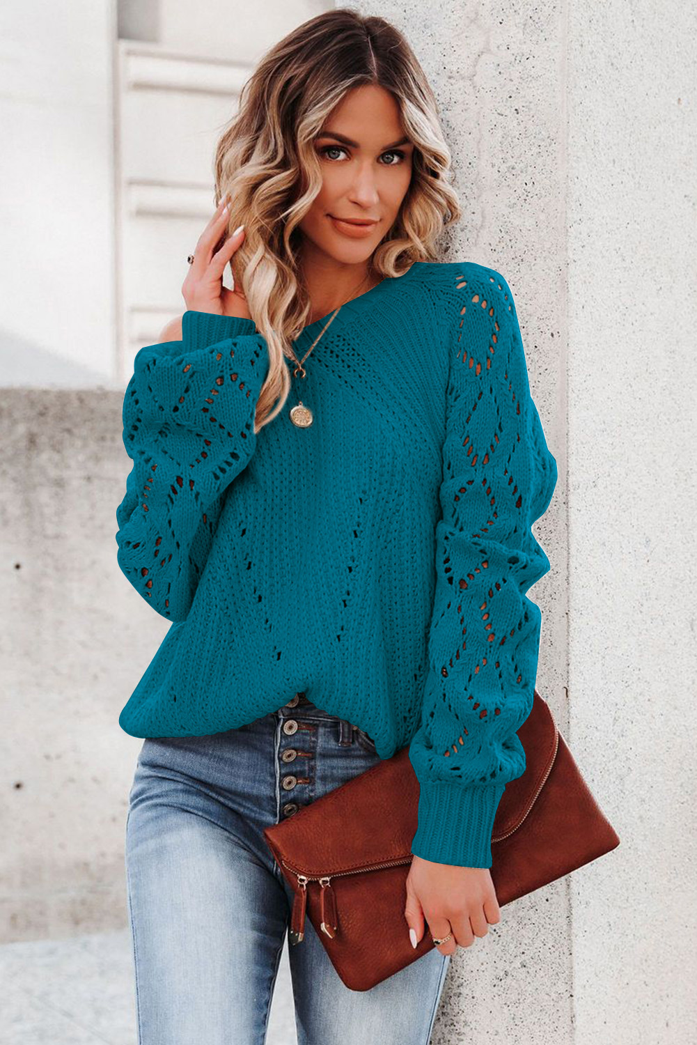 Women's Blue-3 Hollow-Out Puffy Sleeve Knit Sweater for Casual Fall Style - Detail View 5