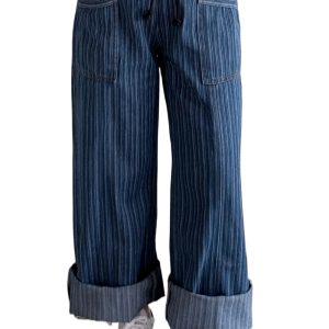 Casual Women's Blue Stripe Drawstring Jeans – Trendy High Waist Loose Fit with Pockets