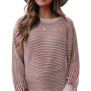 Casual Women's Red Dahlia Striped Print Ribbed Knit Boat Neck Sweater - Main View