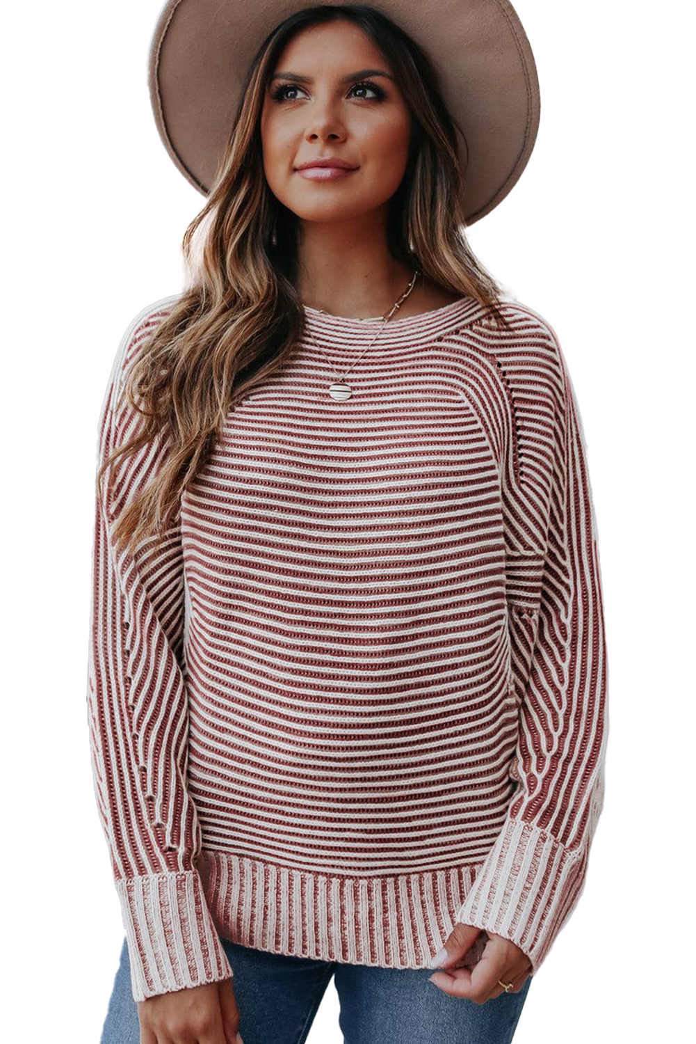 Casual Women's Red Dahlia Striped Print Ribbed Knit Boat Neck Sweater - Main View