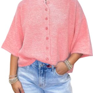 Women's Peach Blossom 3/4 Sleeve Boxy Knit Cardigan – Stylish Button Down for Casual Summer Days