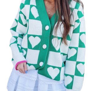 Women's Sea Green Plaid Heart V-Neck Button Cardigan for Daily Wear