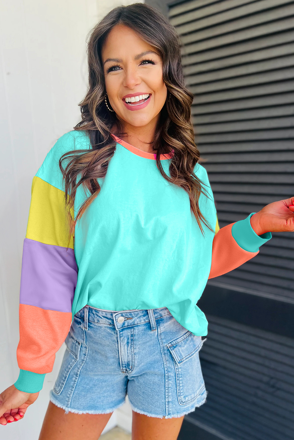 Casual Women's Light Blue Colorblock Patchwork Long Sleeve Loose Top - Detail View 5