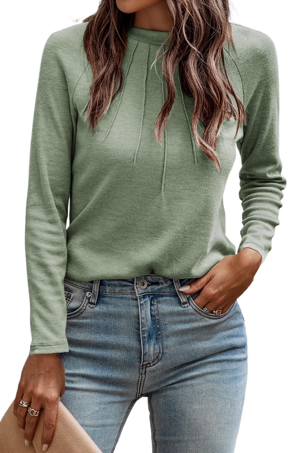 Women's Laurel Green Solid Color Raglan Long Sleeve Top with Seam Detail - Main View