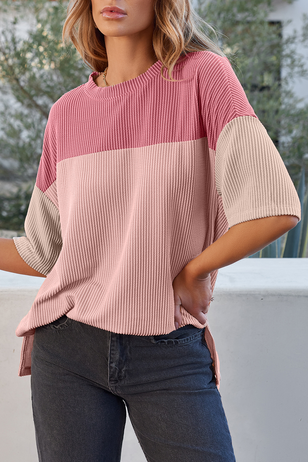 Comfortable Short Sleeve Round Neck Top with Ribbed Details - Perfect for Summer - Detail View 7