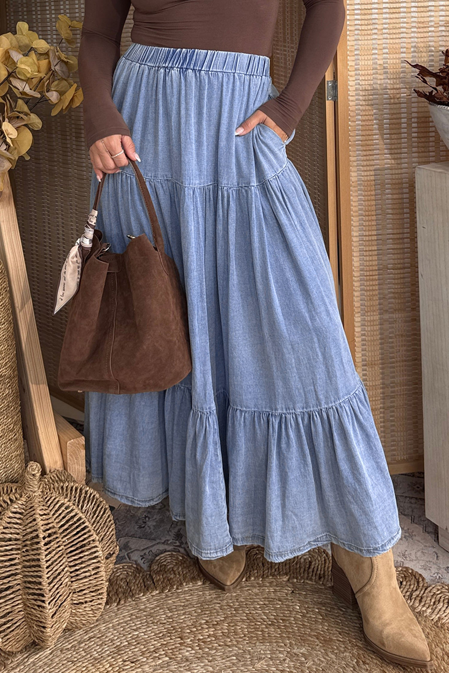 Women's 100% Lyocell Denim Maxi Skirt – Elastic Waist Ruffled Tiered Long Skirt for Daily Wear - Detail View 5