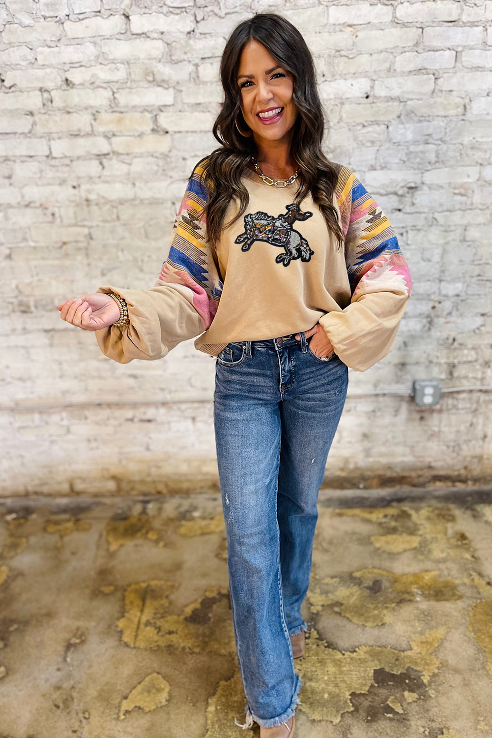 Light French Beige Sequined Rodeo Graphic Aztec Bubble Sleeve Western Sweatshirt - Detail View 5