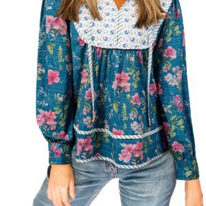 Women's Sky Blue Floral Print Blouse – Casual Long Sleeve Top with Contrast Trim for Daily Wear