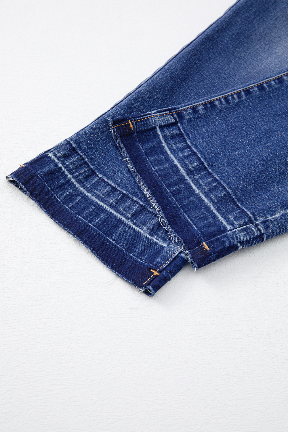 Women's Casual Straight Leg Denim – High Rise Dark Blue Washed Jeans with Raw Hem - Detail View 8