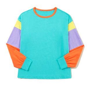 Casual Women's Light Blue Colorblock Patchwork Long Sleeve Loose Top - Main View