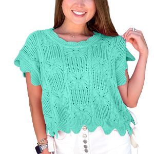 Women's Mint Green Pointelle Knit Sweater – Scalloped Trim Short Sleeve for Summer Days