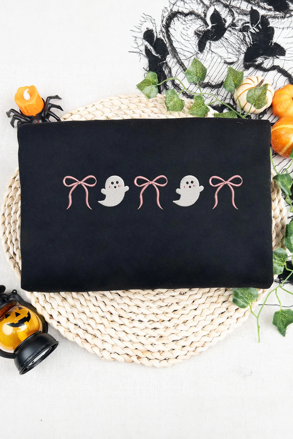 Women's Black Ghost Bow Embroidered Loose T-Shirt for Halloween - Detail View 5