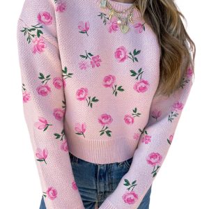 Women's Delicacy Sweet Floral Print Cropped Sweater – Casual Autumn Style for Daily Wear - Main View