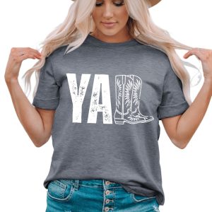 Women's Gray YALL Western Boots Graphic Printed Tee - Casual Summer Top - Main View
