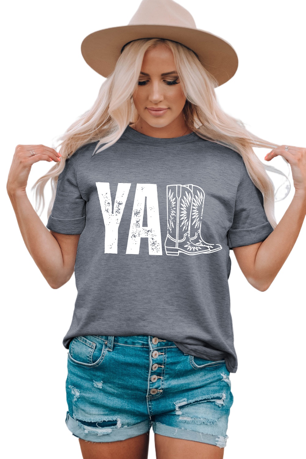 Women's Gray YALL Western Boots Graphic Printed Tee - Casual Summer Top - Main View