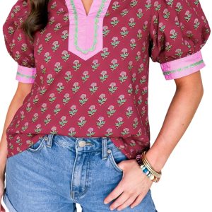 Chic Red Floral Blouse for Women – Short Puff Sleeve V Neck Top, Ideal for Office & Casual Wear