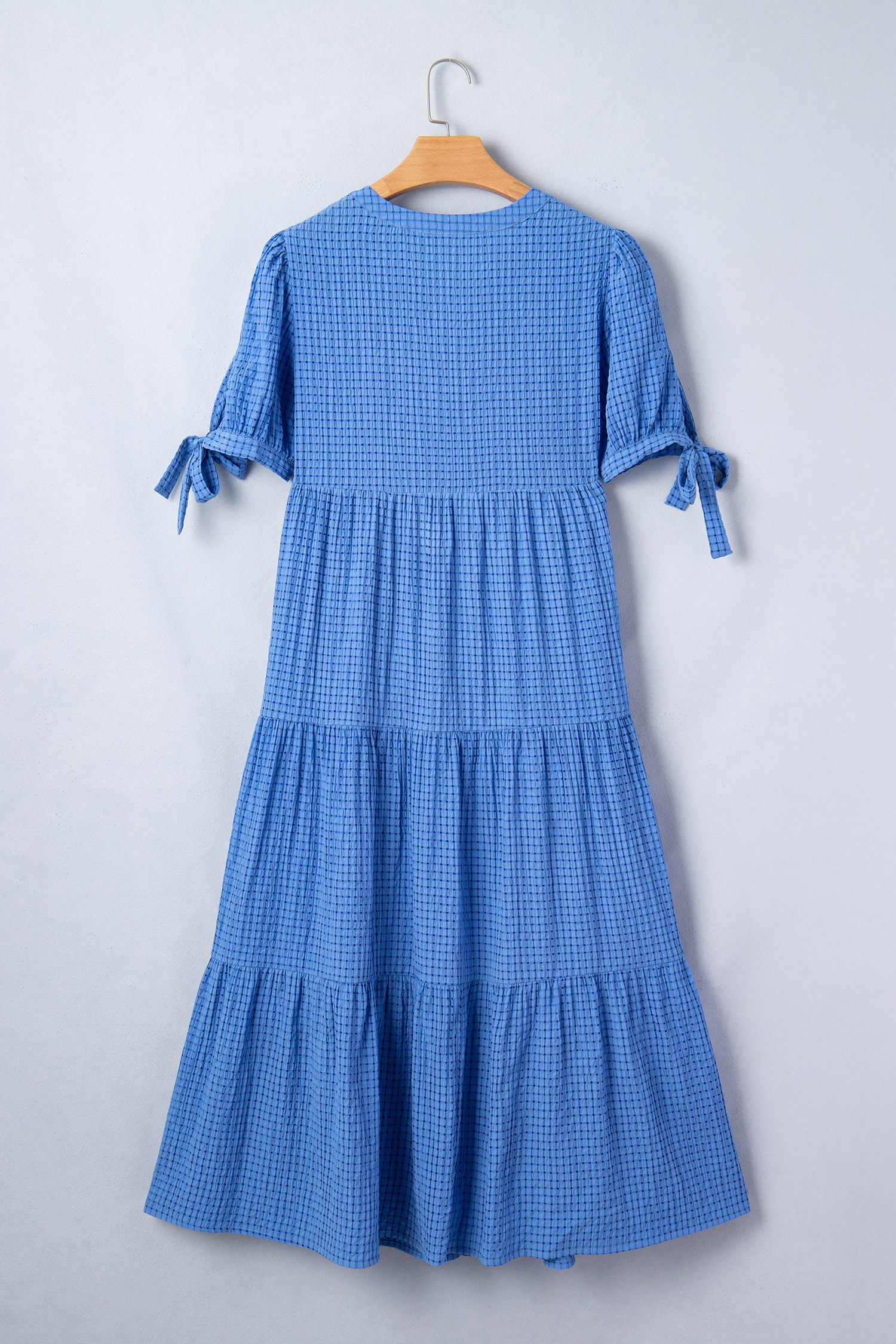Dusk Blue Gingham Midi Dress for Women – Short Sleeve Tiered Casual Summer Style - Image 6