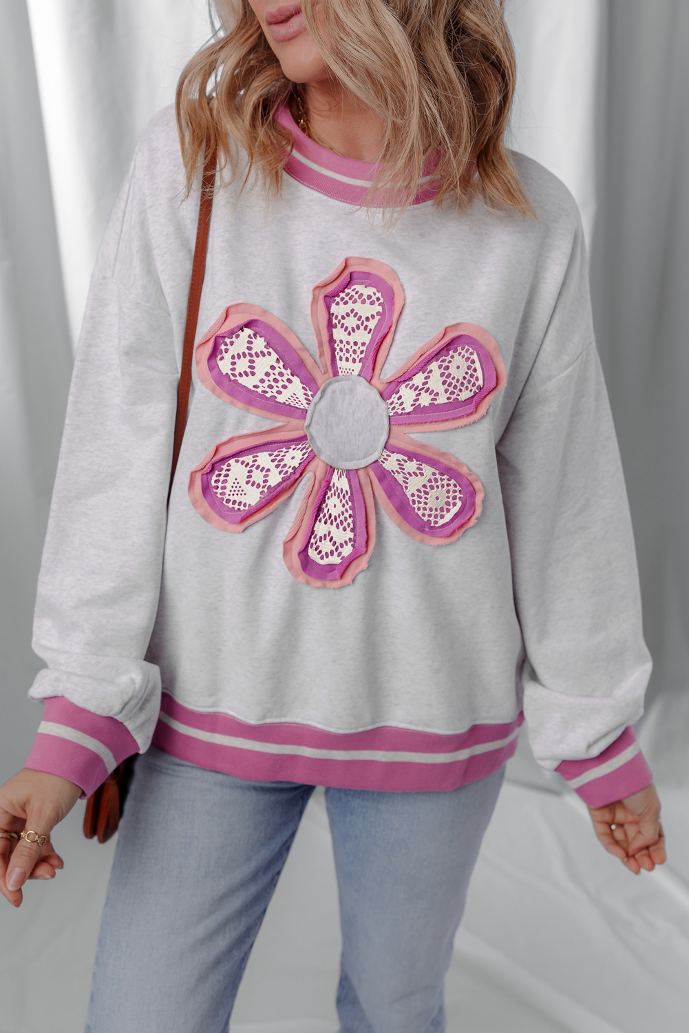 Women's Sweatshirt, Gray, Flower Patch, Contrast Trim, Crew Neck, Long Sleeve, Casual Style, Fall Fashion, Daily Wear, Floral Design, Comfortable, Shift Silhouette, Western Style, Colorblock Decoration - Detail View 8